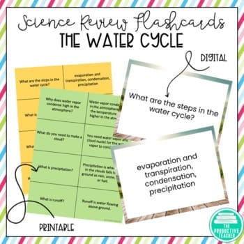 Printable and digital flashcards to study the water cycle in middle school.