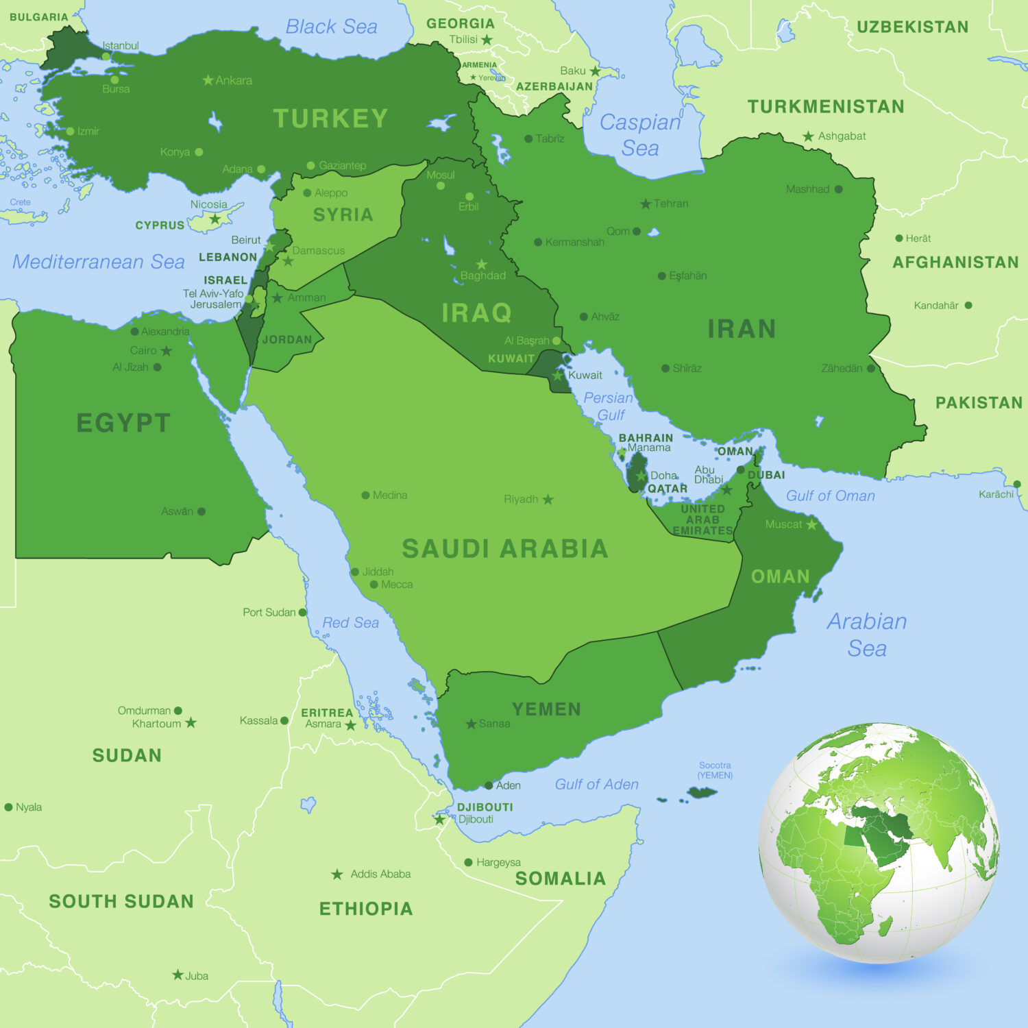 Israel on a map of the Middle East