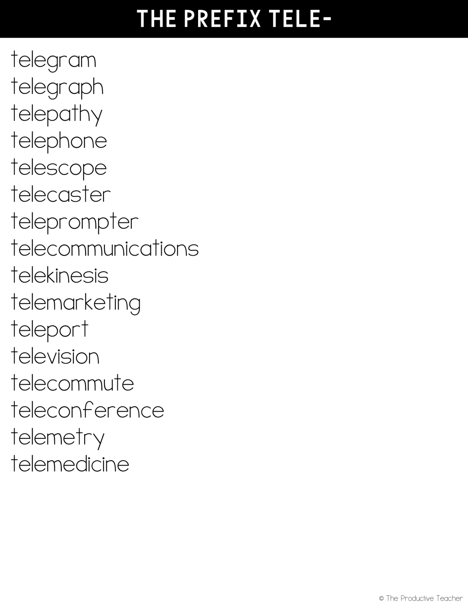 the prefix tele free word list