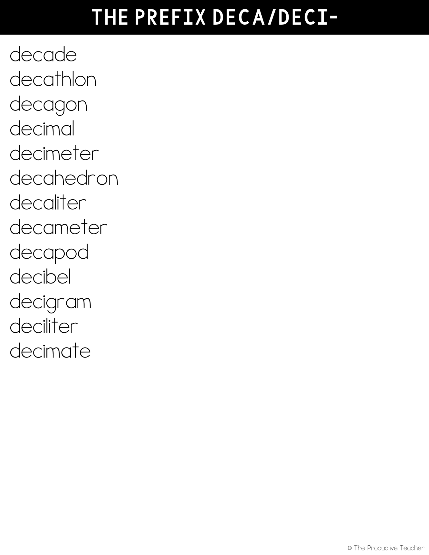 the prefix deca/deci free word list