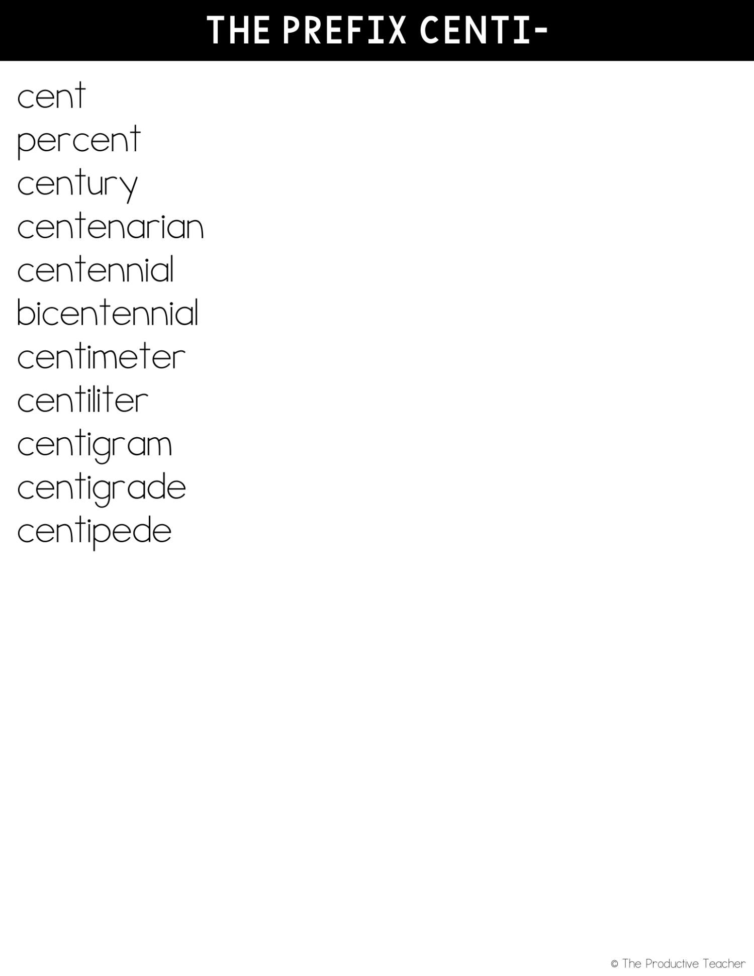 the prefix centi free word list